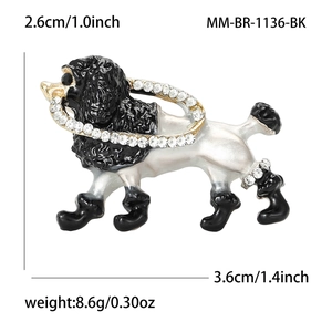 Enamel poodle brooch with black and white rhinestones on high-quality alloy metal