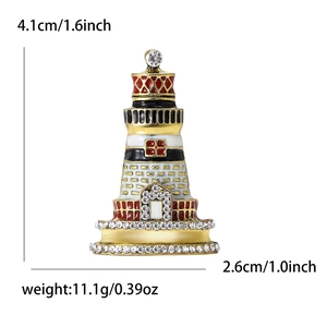 Fashion alloy lighthouse enamel brooch with rhinestones and size dimensions in inches