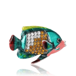 Broche poisson tropical avec émail sarcelle et strass sur base en métal poli