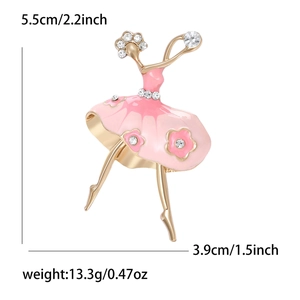 Detail showing dimensions of the pink enamel ballet dancer brooch with rhinestones