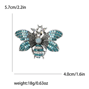 Detailed rhinestone bee brooch in blue and green crystals for suit lapels, 5.7cm size