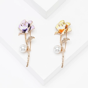 Elegant Enamel Rose Flower Brooch With Faux Artificial Pearl Rhinestone Alloy Vintage Floral Pin For Women Wedding Party Jewelry