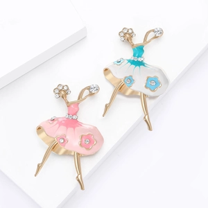 Elegant Enamel Ballet Dancer Brooch Alloy Gold Plated Rhinestone Flower Dancing Girl Pin For Women Clothes Accessories