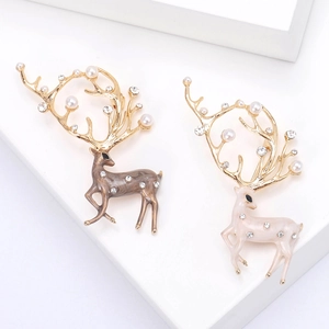 Broches cerf en émail avec alliage doré, perles et strass pour accessoires femme