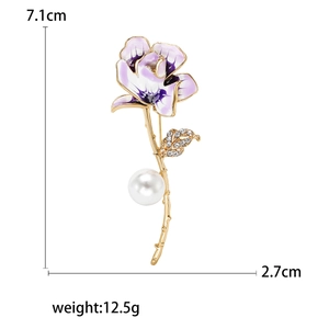 Elegant purple enamel flower brooch with gold stem, large white pearl and crystals