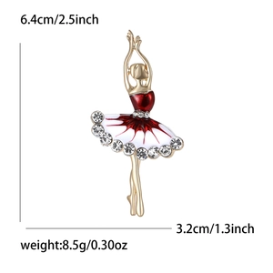 Elegant ballerina brooch with red enamel and crystals, 6.4cm gold-tone dancer pin