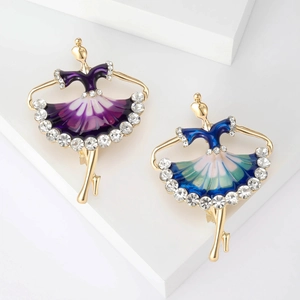 Elegant Ballerina Girl Brooch Gold Alloy Enamel Gradient Drip Oil Inlaid Rhinestone Pin For Women Suit Dress Fashion Jewelry