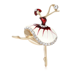 Exquisite goldene Ballett-Mädchen-Brosche mit rotem Emaille und funkelnden Strasssteinen