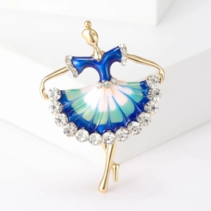 Elegant ballerina dancer brooch in gold metal with blue enamel and sparkling crystals