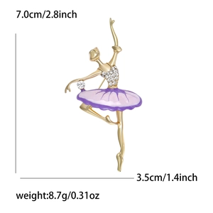 Détail de la broche ballerine avec dimensions et poids dans une finition dorée brillante
