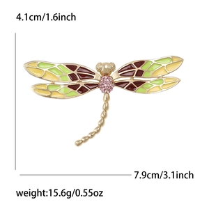 Broche libellule en émail exquise avec cadre doré, cristaux roses et imitation perle