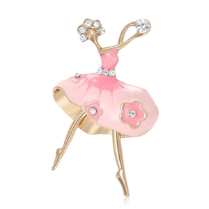 Elegant ballet girl brooch in gold finish with pink enamel dress and sparkling rhinestones