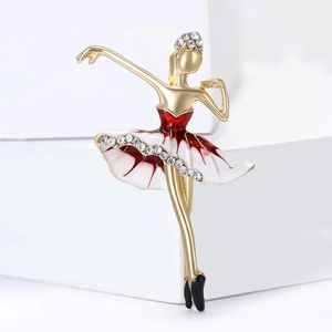 Elegante spilla ballerina dorata con smalto rosso e brillanti strass in cristallo