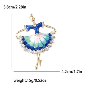 Elegant gold ballerina brooch with blue-green enamel dress and rhinestones 5.8cm