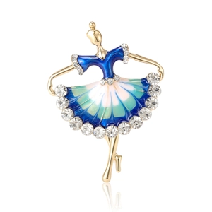 Elegant ballerina dancer brooch in gold alloy with blue enamel and sparkling crystals