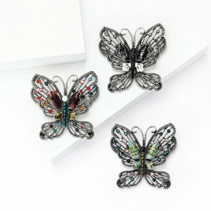 Vintage alloy butterfly brooches with rhinestones and hollow design in three colors