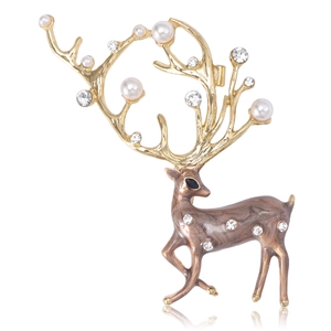 Broche Renne en Alliage de Mode Avec Perle Artificielle Strass Incrusté Émail Cerf Épingle Bijoux pour Femme Cadeau Accessoire