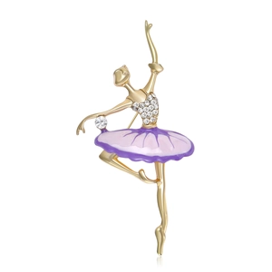 Broche élégante ballerine en alliage doré avec émail violet et cristaux brillants
