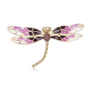 Broche libellule exquise avec ailes en émail violet et incrustation de cristaux
