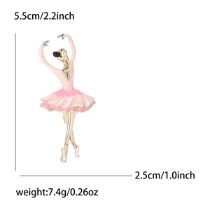 Enamel ballet dancer brooch in gold alloy finish with pink tutu and size dimensions