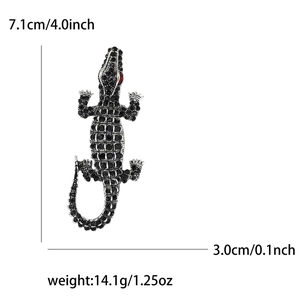 Detail showing dimension and weight of crocodile brooch with black rhinestones