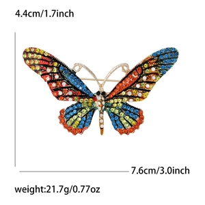 Detailed size specifications of colorful butterfly brooch with rhinestones and gold finish