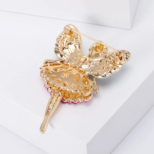 Spilla ballerina dorata con gemme rosa e chiusura a spilla di sicurezza piatta