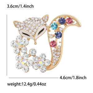Détails de la broche renard avec strass colorés et dimensions précises en pouces