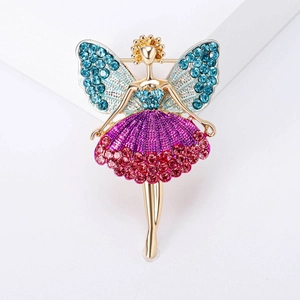 Elegante spilla fata ballerina con ali di cristallo blu e gonna a pieghe viola