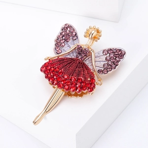 Elegante spilla da ballerina con strass rossi e viola in finitura dorata lucida