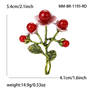 Retro hand-painted floral brooch with red pearls and green leaves, 5.4cm height