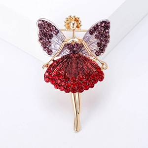 Elegante spilla ballerina dorata con strass scintillanti viola e rossi di alta qualità