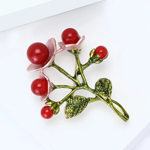 Exquisite handmade floral brooch with red berry beads and green enamel leaves for women