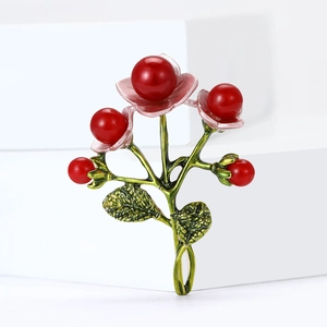 Elegant floral brooch with red berry imitation pearls and green enamel leaves accessory
