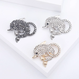 Three-piece rhinestone dolphin brooch set in gold silver and gun-black finish