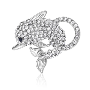Exquisite silver dolphin brooch featuring pavé sparkling rhinestones and a blue eye accent