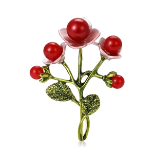 Vintage Enamel Flower Berry Alloy Brooch For Women Red Artificial Pearl Botanical Floral Pin Brooches For Coat Sweater Jewelry