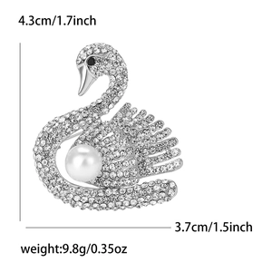 Élégante broche cygne en alliage argenté avec strass brillants et perle blanche