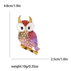 Detailed owl brooch with colorful rhinestones on golden branch, 4.8cm height for suit