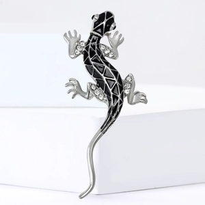 Broche lézard gecko artistique en alliage argenté avec émail noir et cristaux brillants