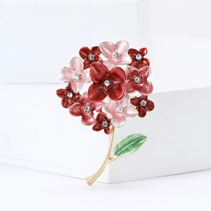Elegant floral hydrangea brooch with red enamel petals, crystal centers and gold stem