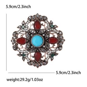 Broche bohème vintage en alliage avec turquoise verte et strass rouges, diamètre 5,9 cm