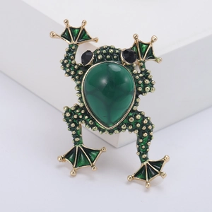 Vintage green enamel frog brooch pin with large teardrop gemstone and gold-tone finish