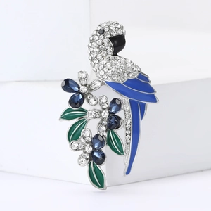 Fashion parrot and flower brooch with blue enamel and sparkling crystal rhinestones
