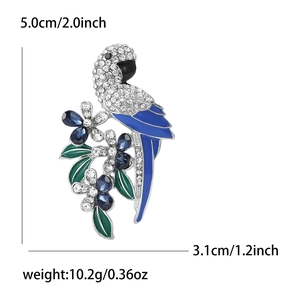 Fashion parrot rhinestone brooch with blue enamel flowers and size measurements
