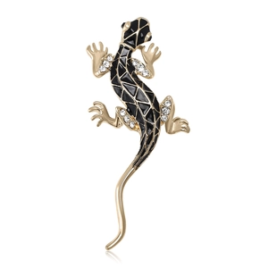 Exquise broche lézard plaquée or avec émail noir et strass étincelants