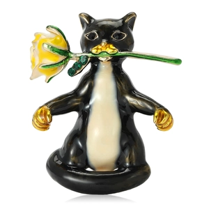 Broche Chat Mangeant une Rose en Alliage Émaillé pour Femme Dessin Animé Animal Strass Épingle Bijoux de Mode Accessoires Cadeau