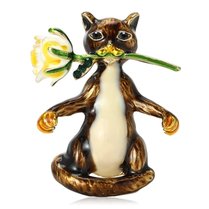 Broche chat de dessin animé créative en alliage avec fleur et émail au style vintage