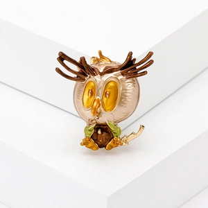 Cartoon owl brooch in gold alloy with yellow enamel eyes and colorful drip oil finish