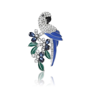 Fashion Alloy Rhinestone Parrot Brooch Blue Enamel Flower Pin Jewelry Gift For Women Suit Coat Accessories